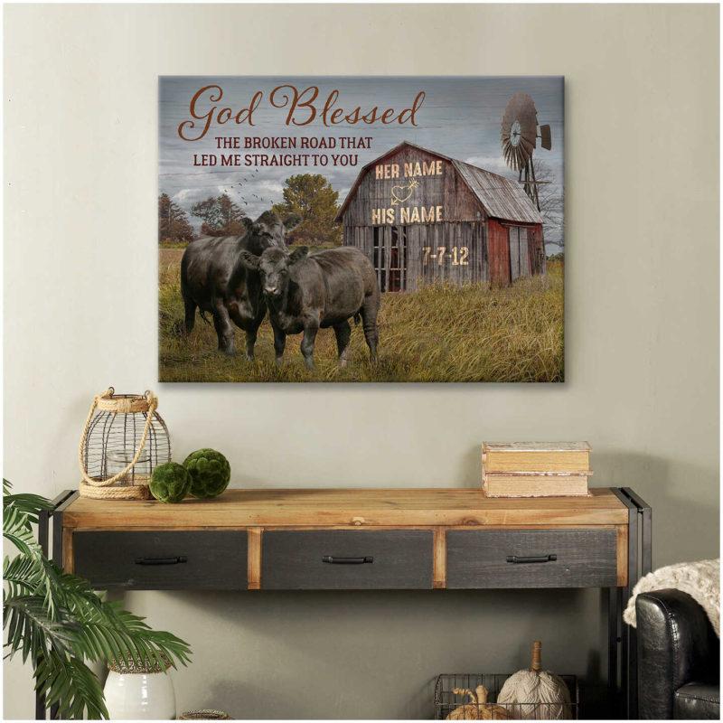 God Blessed The Broken Road Barn and Angus Cows Custom Name and Date Personalized Custom Canvas Wall Art Decor Gift For Him Gift For Her