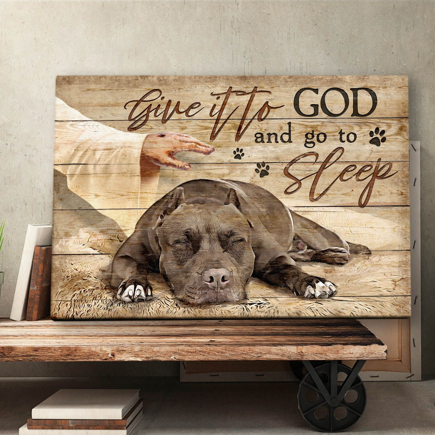 Pit Bull Give It To God And Go To Sleep Landscape Canvas Print Wall Art