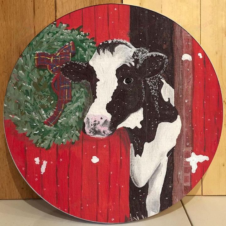 Love Cow Christmas Round Wooden Door Plate