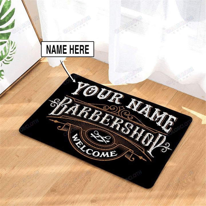 Personalized Barber Shop Welcome Black Door Mat