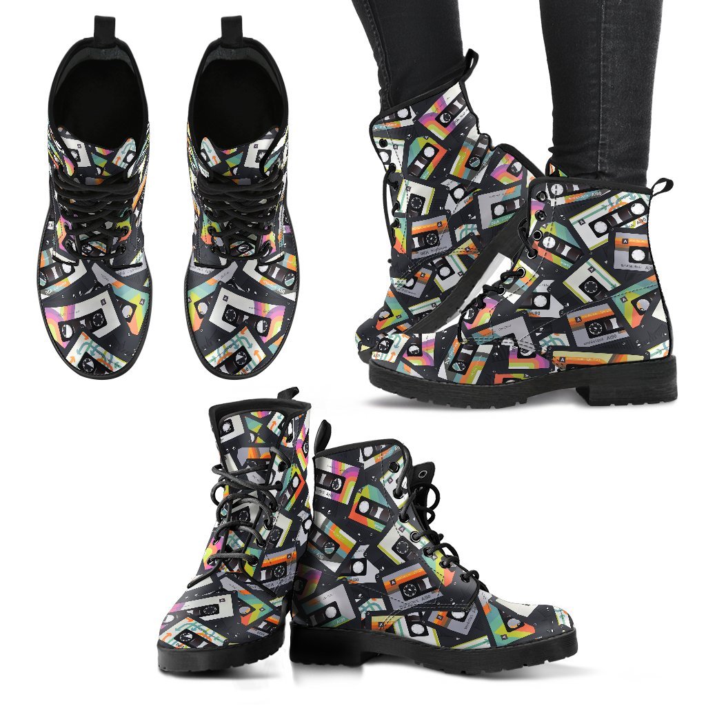 Retro Vintage Cassette Tape - Leather Boots for Women-Amaze Style™-Women's Leather Boots - Retro Vintage Cassette Tape - Leather Boots for Women-US5 (EU35)-Vibe Cosy™