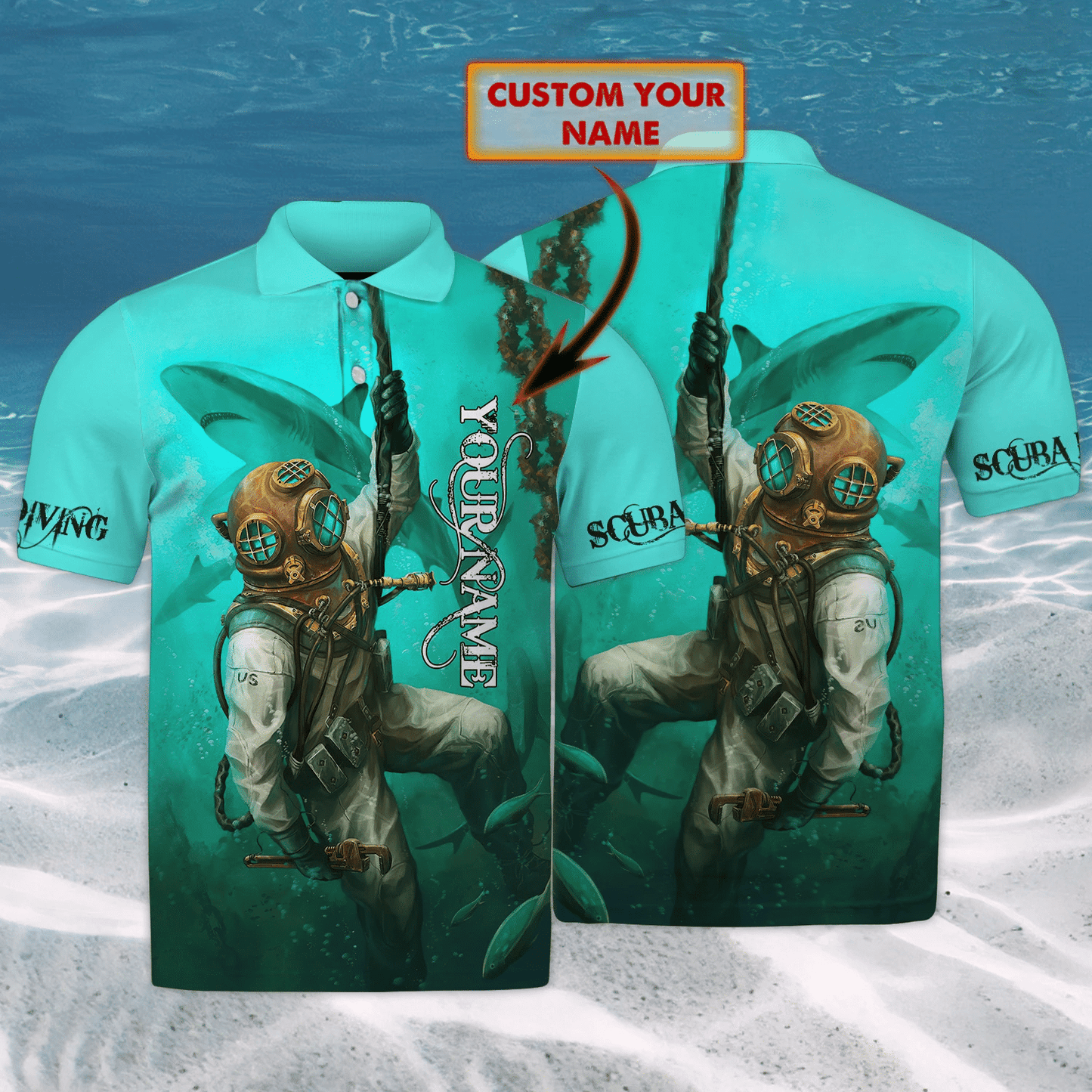 Scuba Diving Personalized Name 3D Polo Shirt Tmarc tee