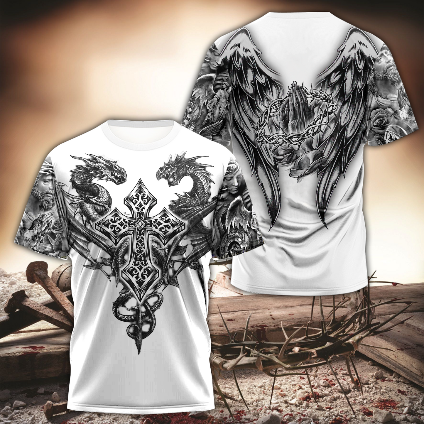 Jesus Christ Cross and Dragons 3D Printed T-Shirt for Men and Women