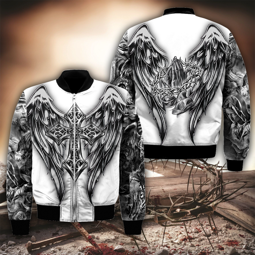 Jesus Christ Cross and Wings 3D Printed Bomber Jacket for Men and Women