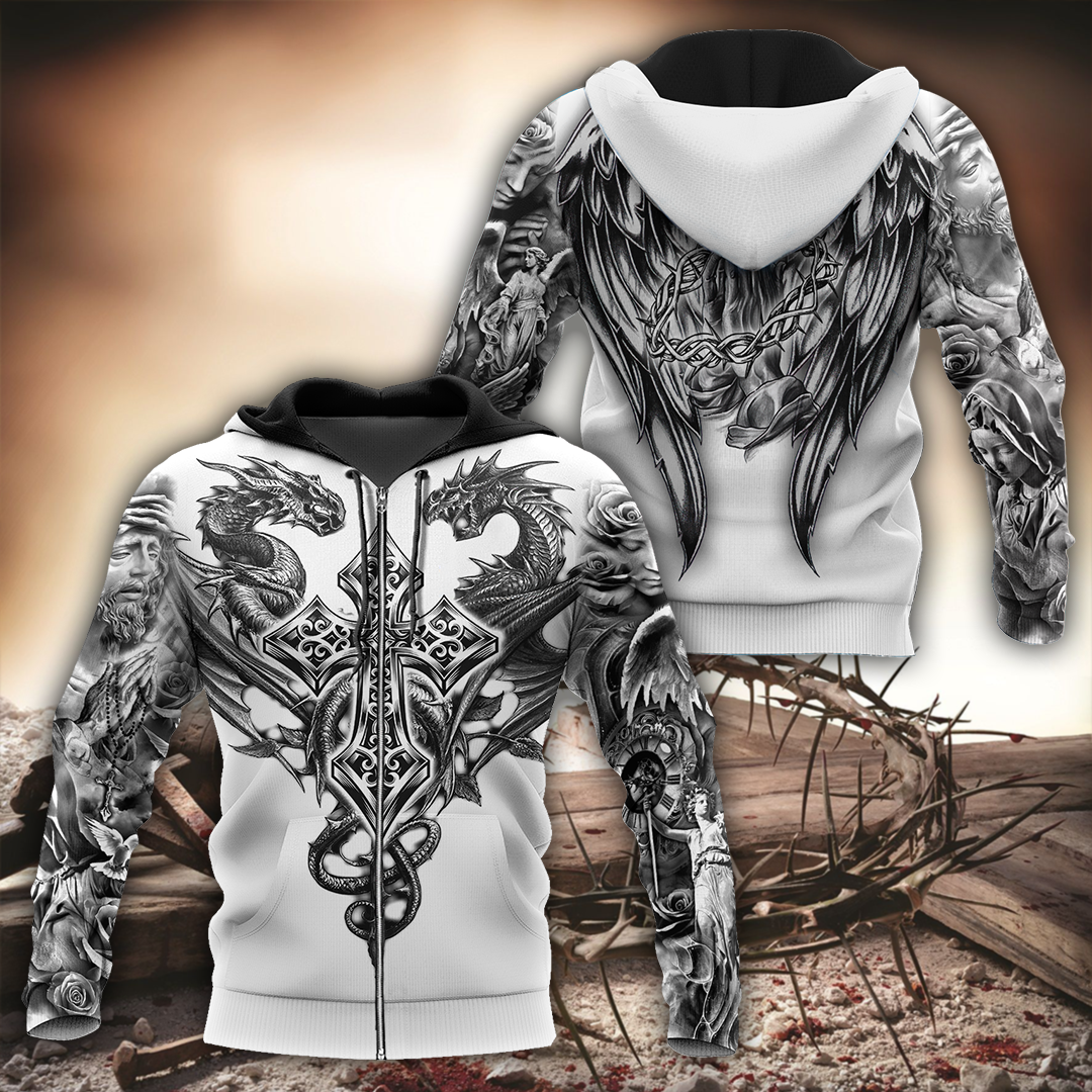Jesus Christ Cross and Dragons 3D Printed Zipped Hoodie for Men and Women
