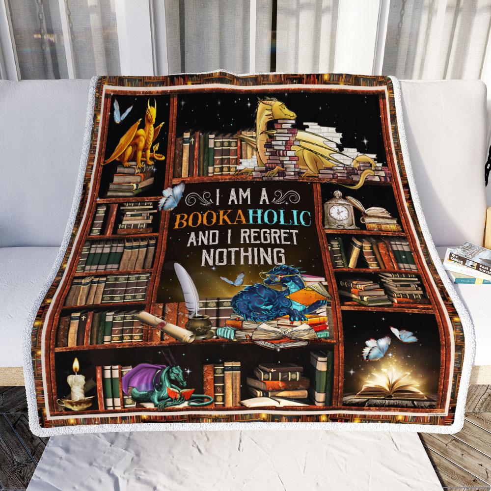 I Am A Bookaholic And I Regret Nothing Book Dragon Throw Blanket