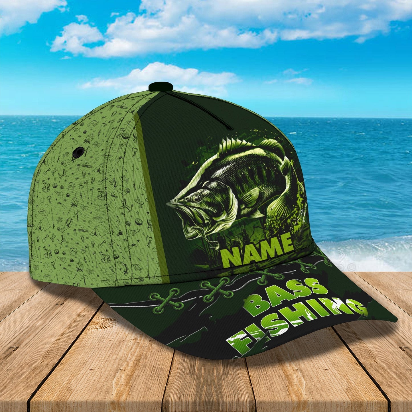Custom Name Green Bass Fishing hat 3D design print Cap