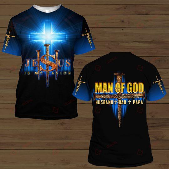 Jesus Is My Savior Man Of God Husband Dad Papa Blue All Over Printed Shirts