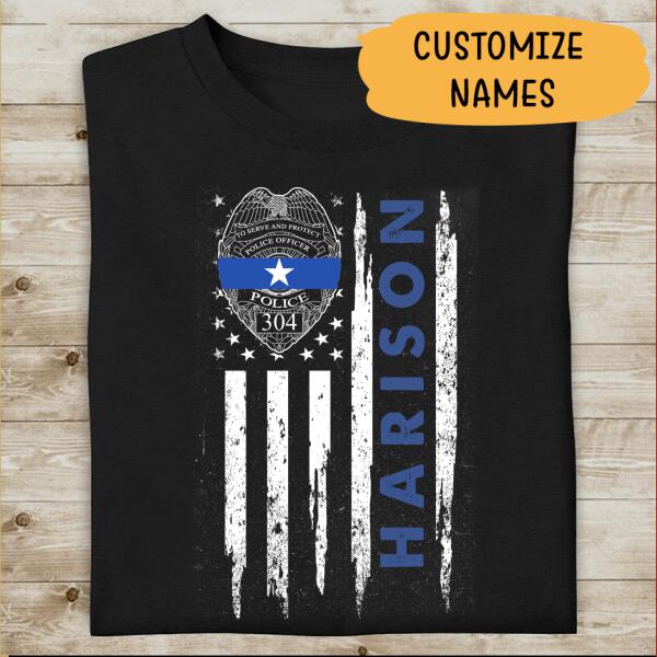 Thin Blue Line Police Name Personalized T-Shirt, Best Gifts For Police Officers
