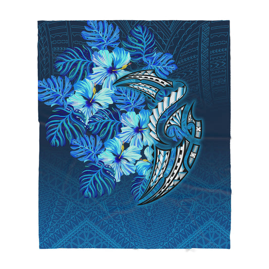 Amazing Polynesian Hibiscus Flower Blue Sherpa Blanket ML