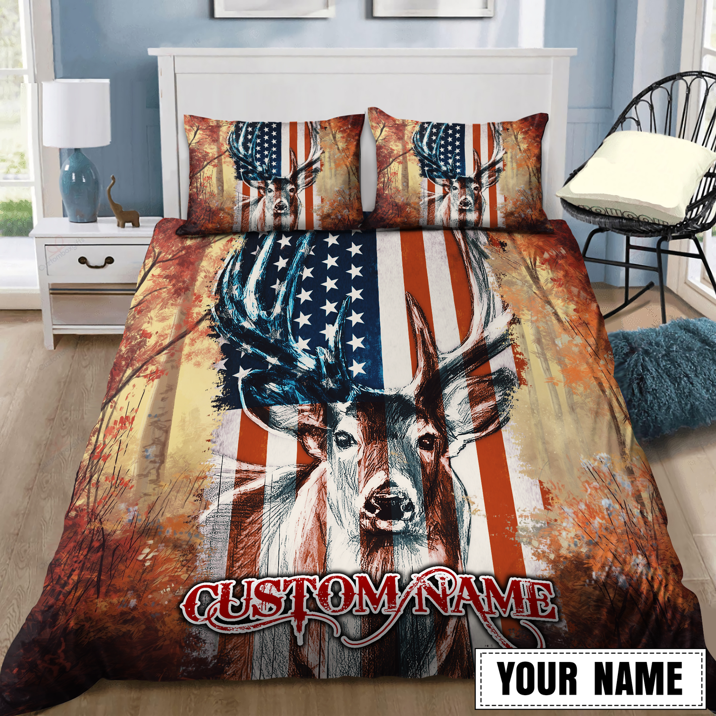 Deer US Flag Personalized Name Bedding Set