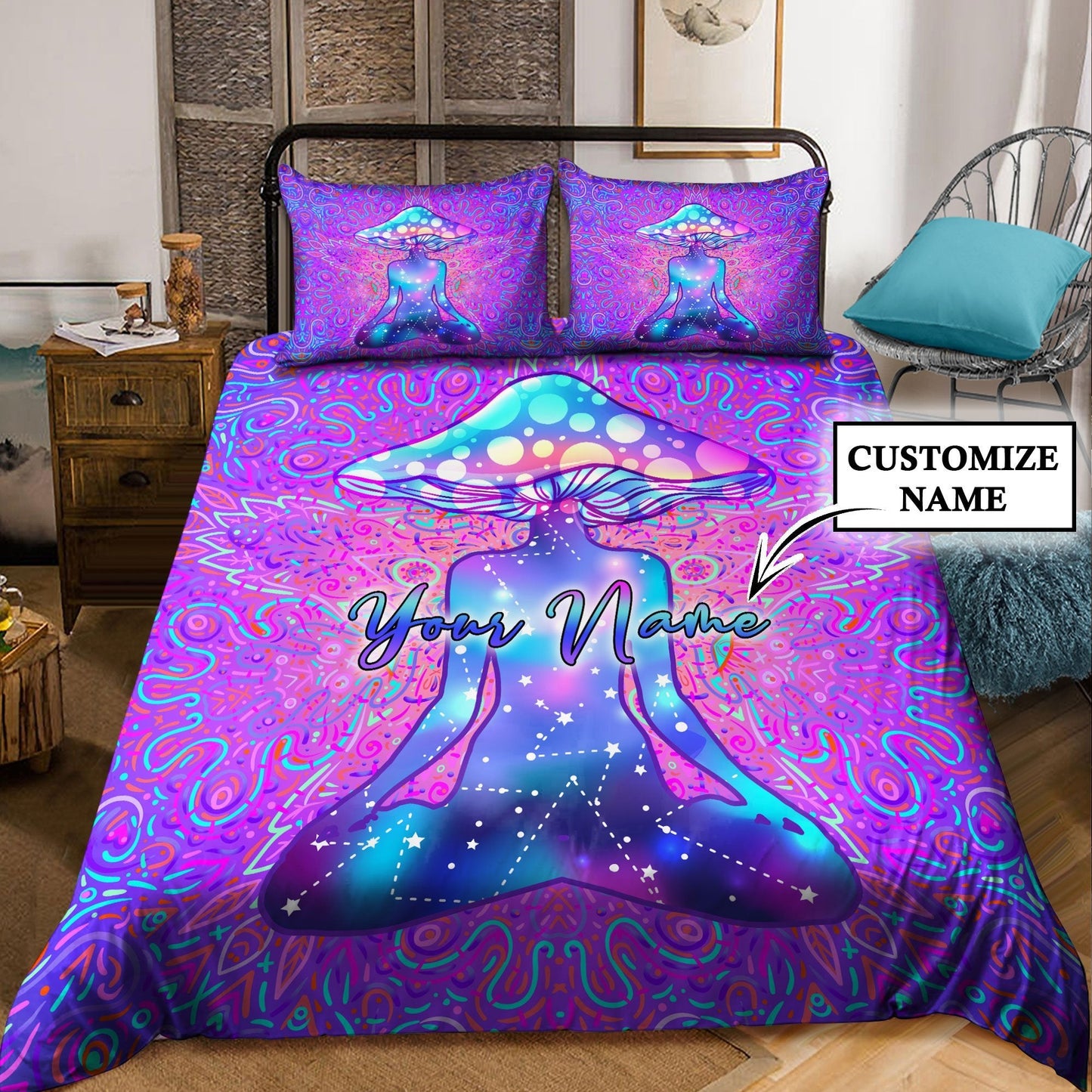 Customize Name Mushroom Hippie Bedding Set