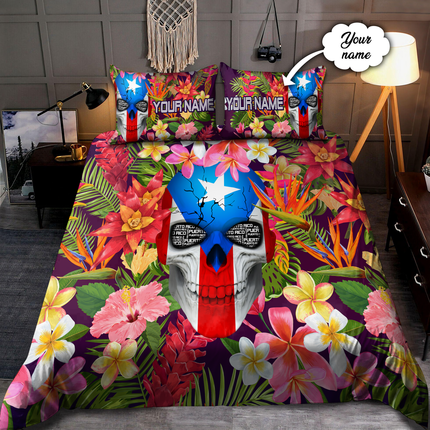 Customize Name Floral Skull Puerto Rico Bedding Set