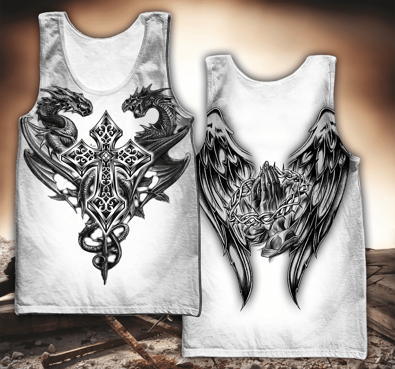 Jesus Christ Cross and Dragons 3D Printed Tanktop for Men and Women