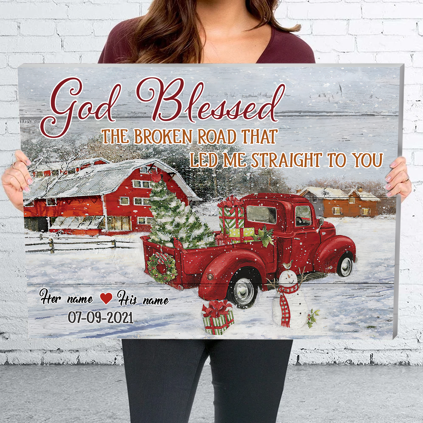 God Blessed The Broken Road Christmas Red Truck Personalized Canvas Poster Home Decor Best Gift For Couple