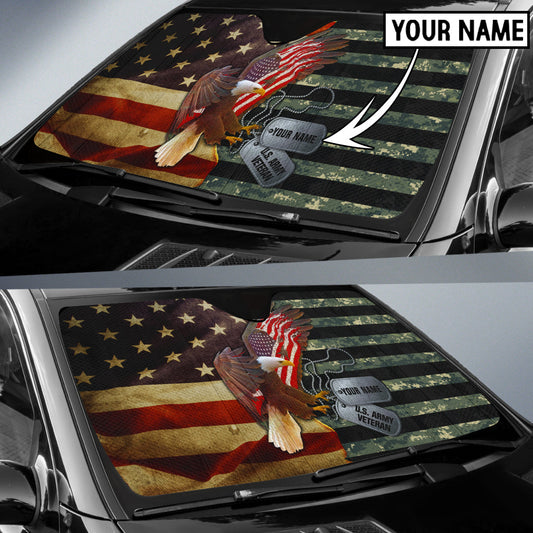 Personalized Name US Army Veteran Eagle Flag Car Auto Sunshade