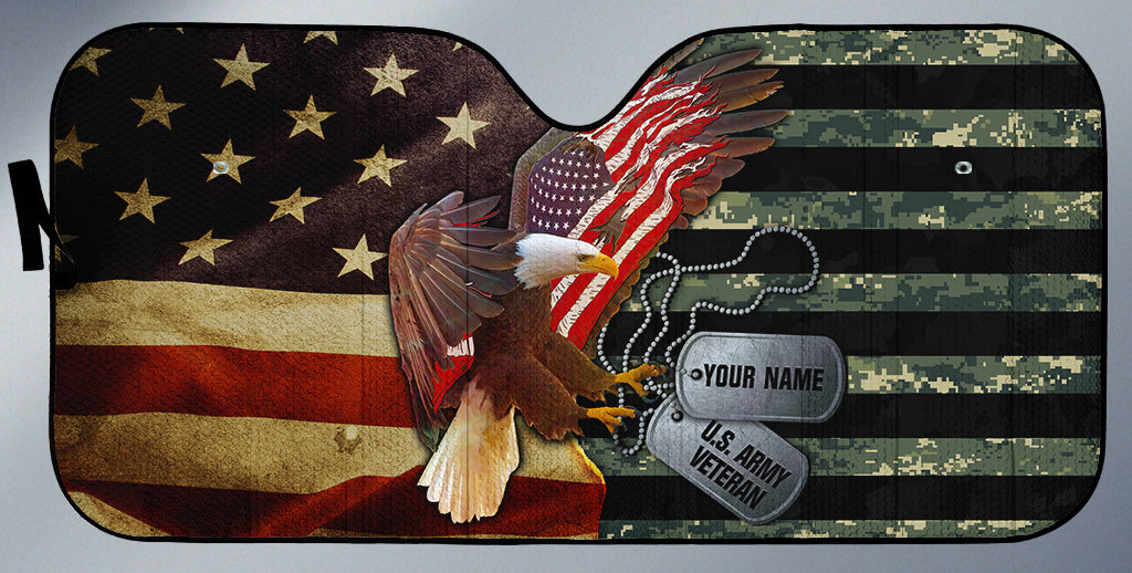 Personalized Name US Army Veteran Eagle Flag Car Auto Sunshade