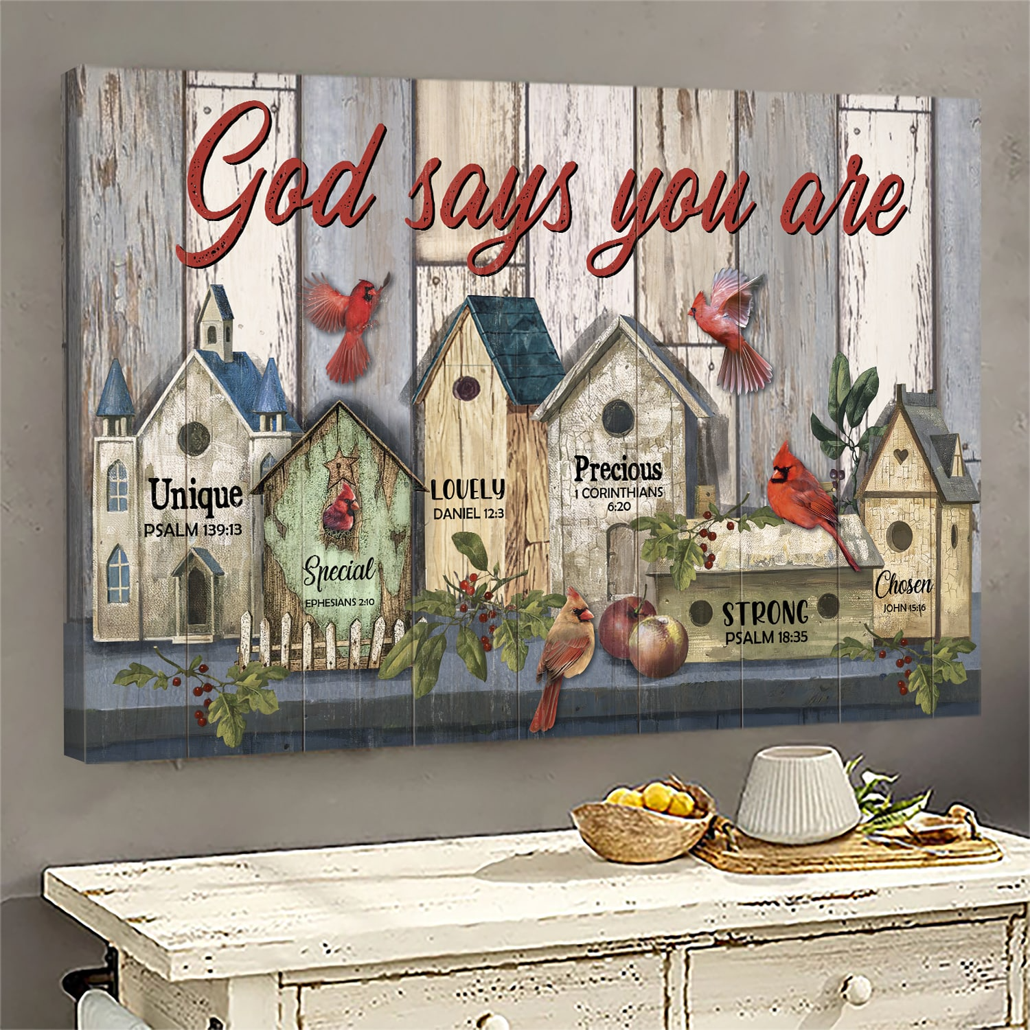 Cardinal and birdhouses God says you are Jesus Landscape Canvas Print ...