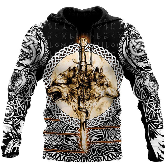 Wolf & Viking Tattoo 3D Over Printed Hoodie for Men and Women-ML