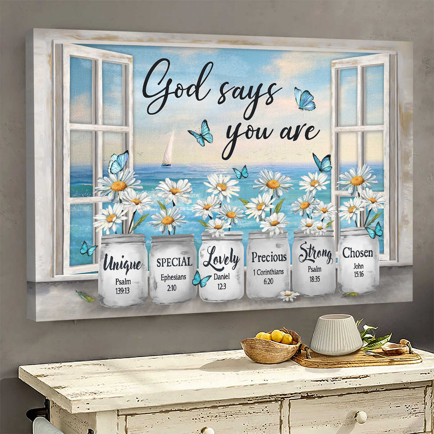 Daisy flower by the window God says you are Jesus Landscape Canvas Print Wall Art