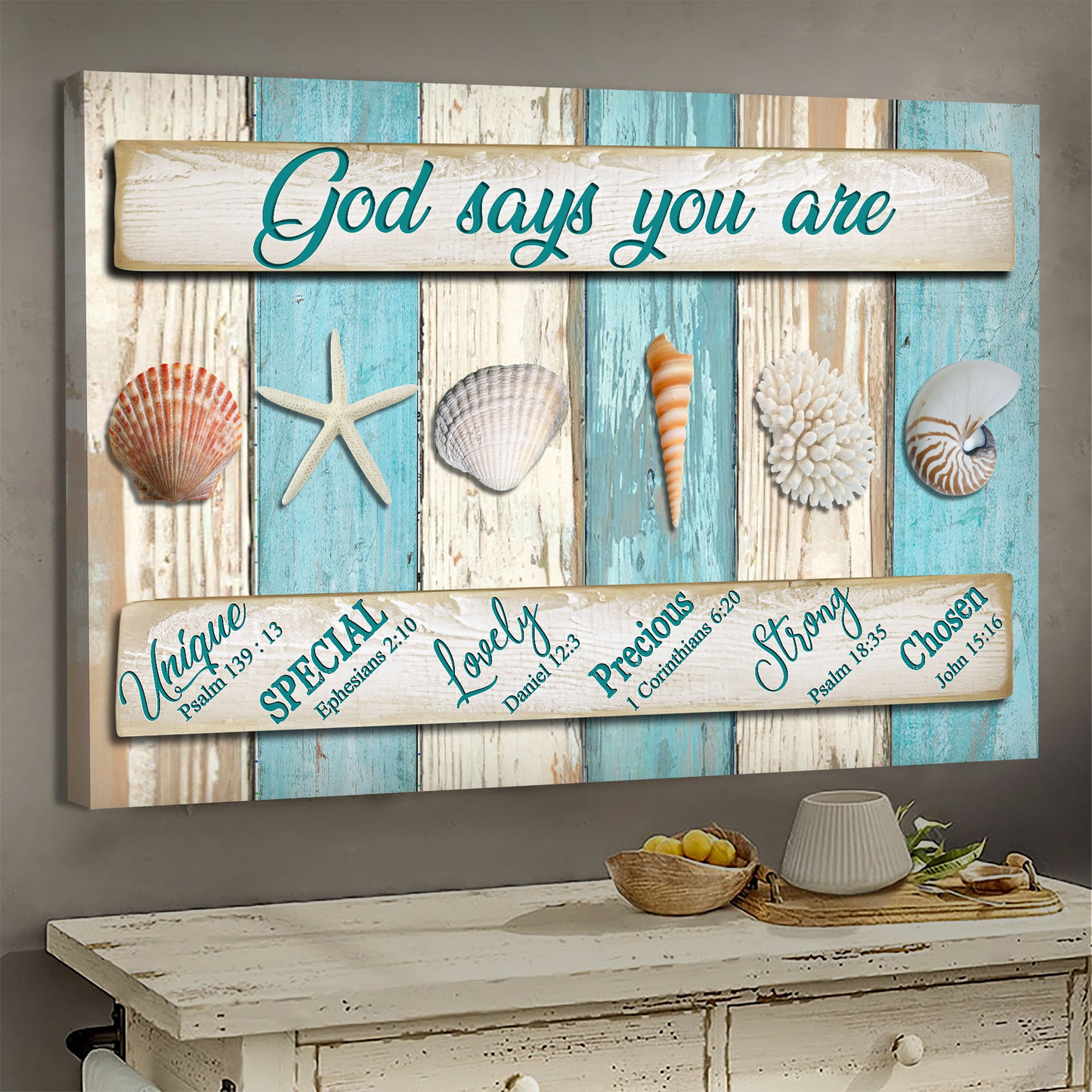 Seashells God says you are Jesus Landscape Canvas Print Wall Art