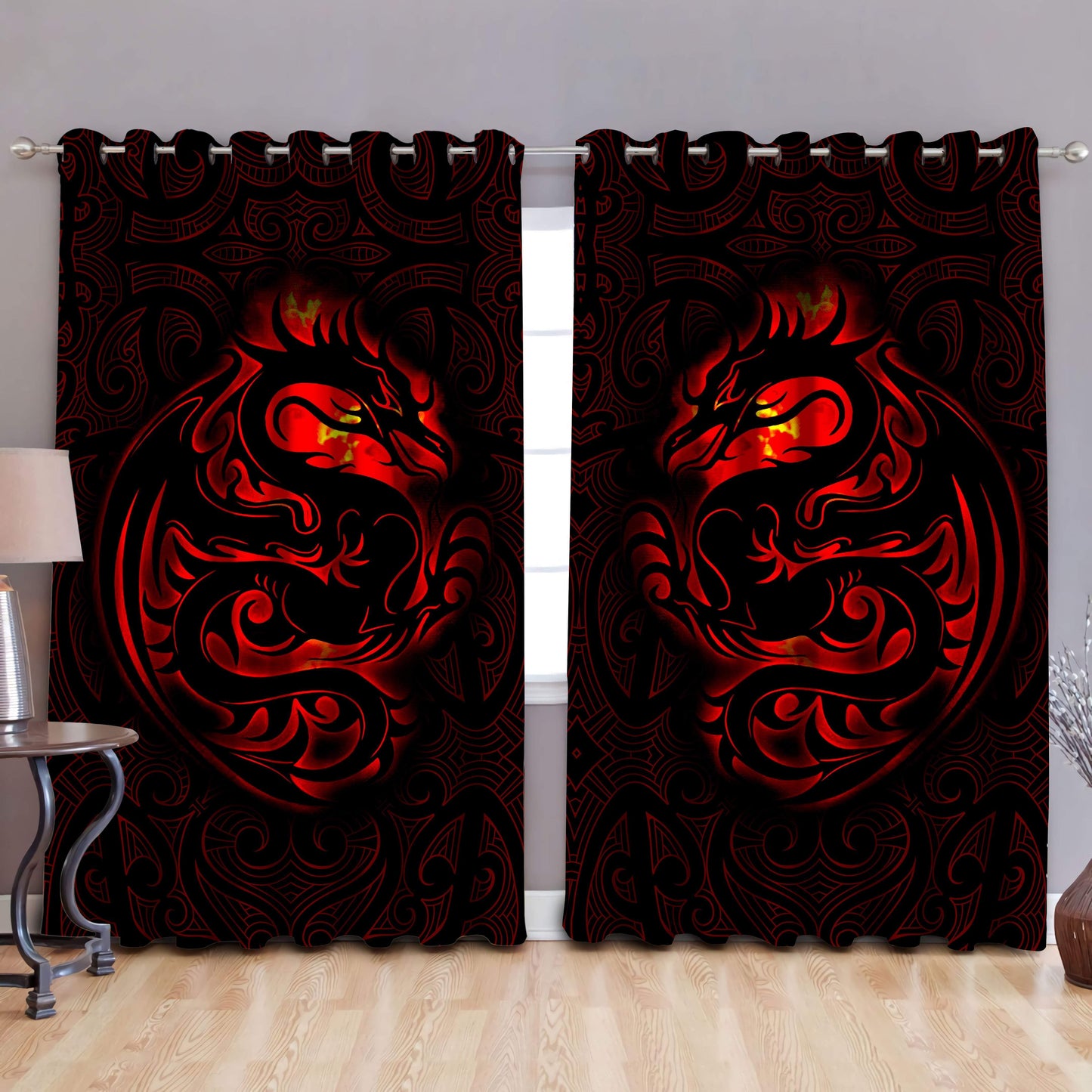 Dragon Tribal Tattoo 3D Over Printed Window Curtain Set-ML