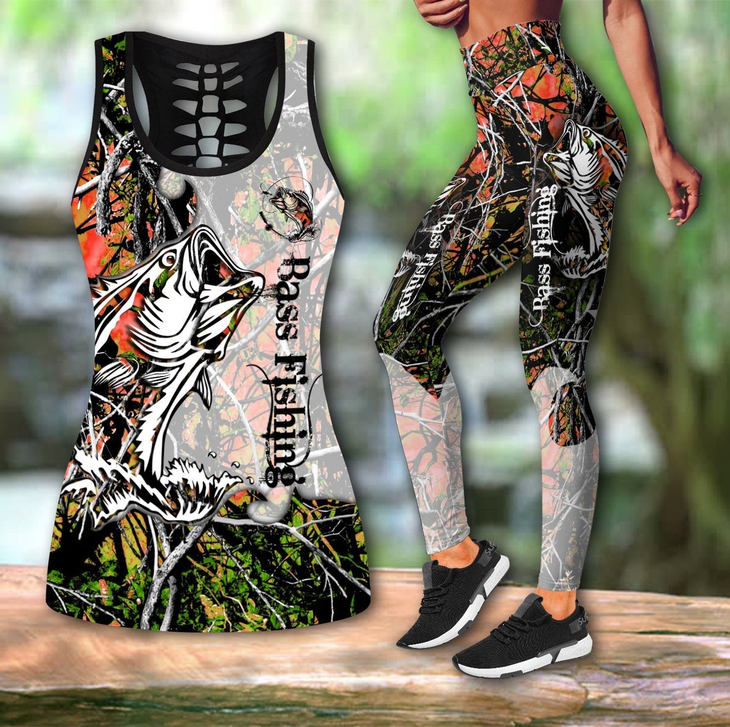 Bass Fishing - Orange Camo Combo Legging + Tank fishing outfit for women TR270301 - Amaze Style™-Apparel