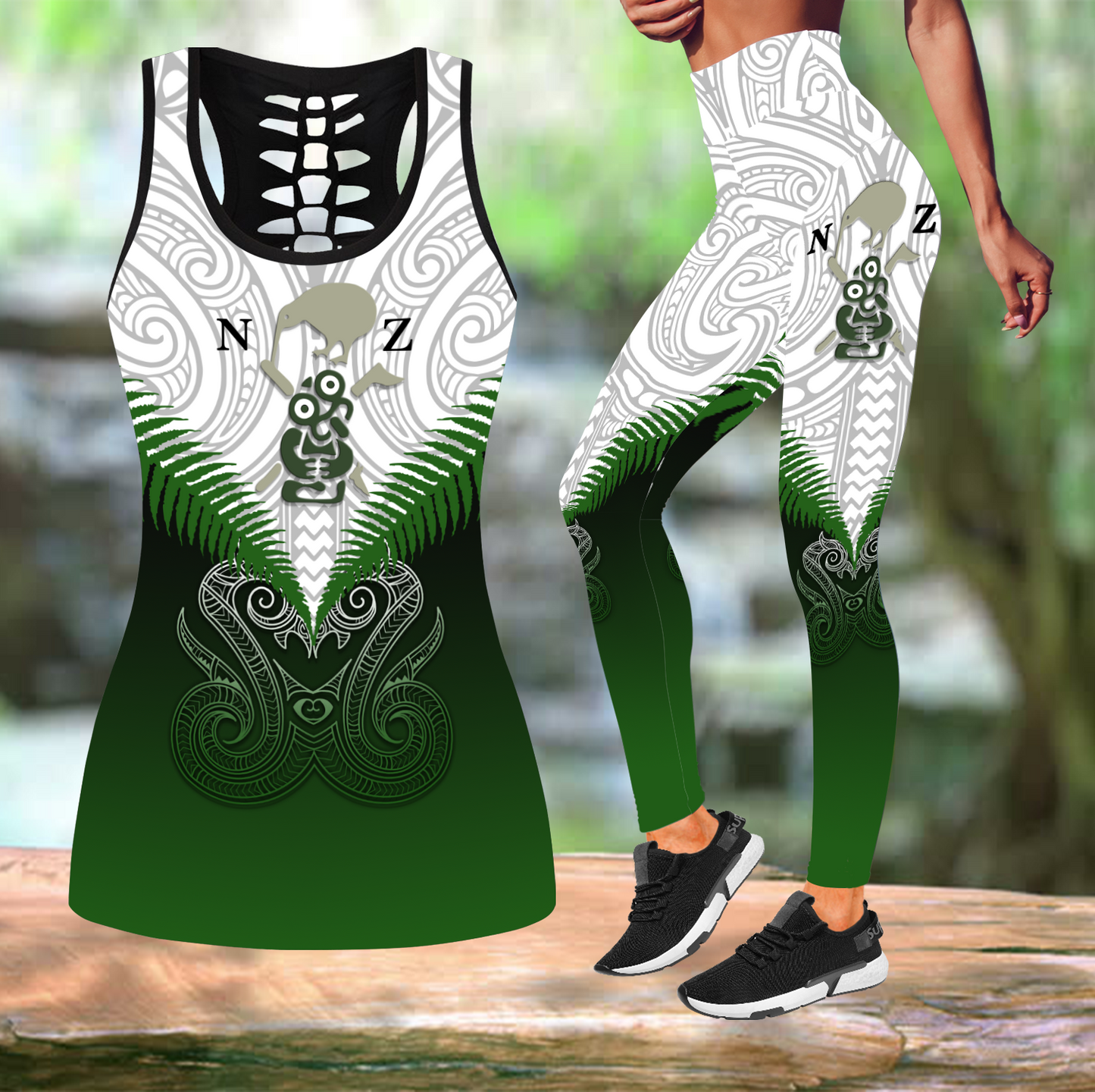 Combo Maori Manaia Green Rugby tank top & leggings outfit for women PL165 - Amaze Style™-Apparel