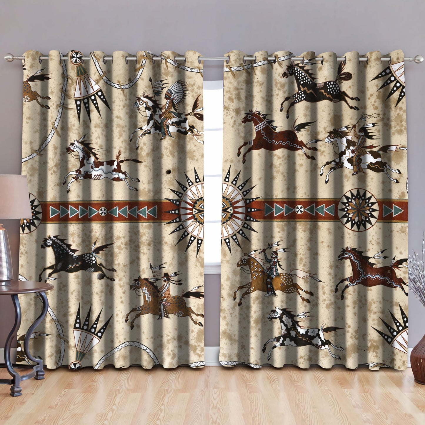 Native American Horses Pattern Blackout Thermal Grommet Window Curtains Pi200504 - Amaze Style™-Curtains