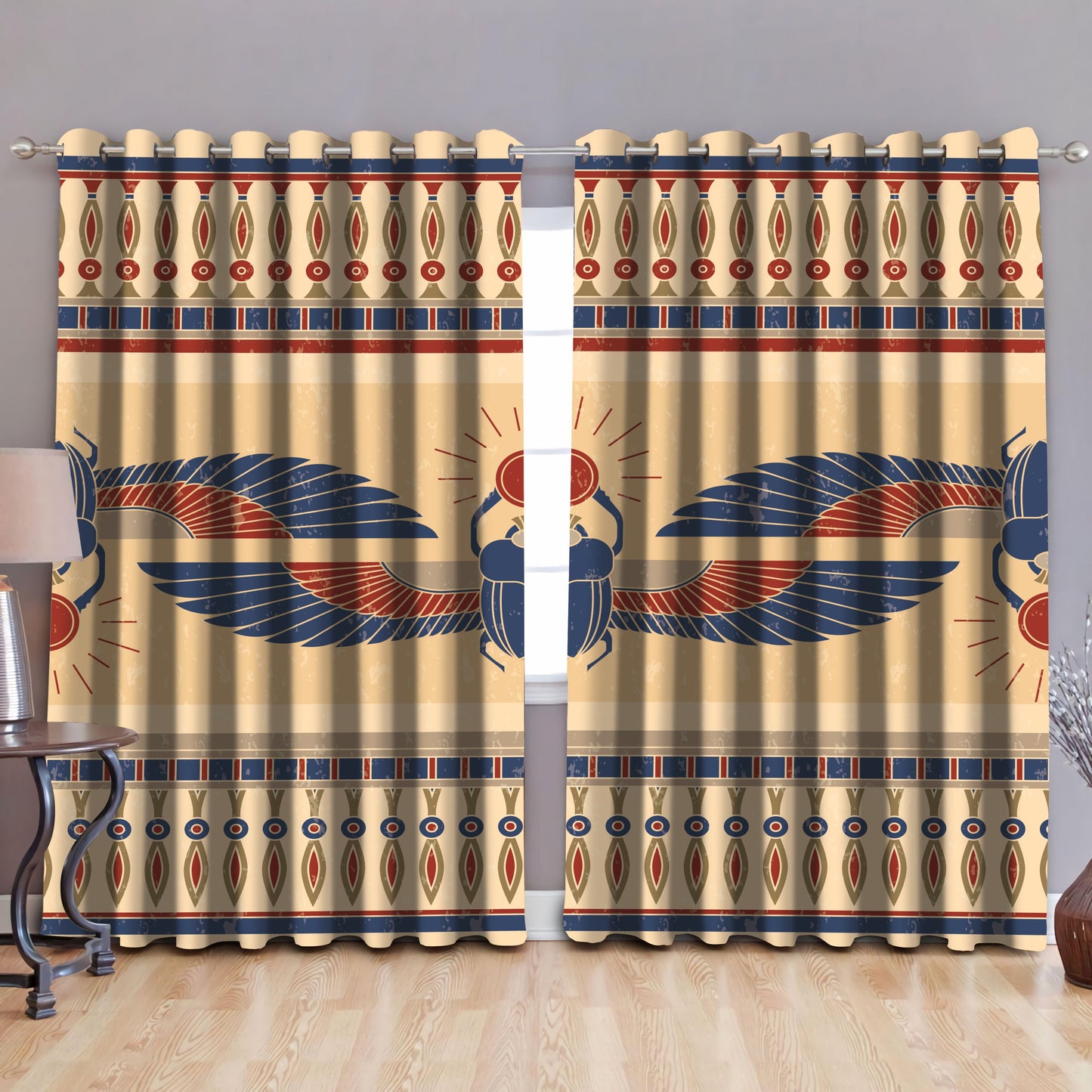 Ancient Egyptian Scarab Pattern Blackout Thermal Grommet Window Curtains Pi22062003