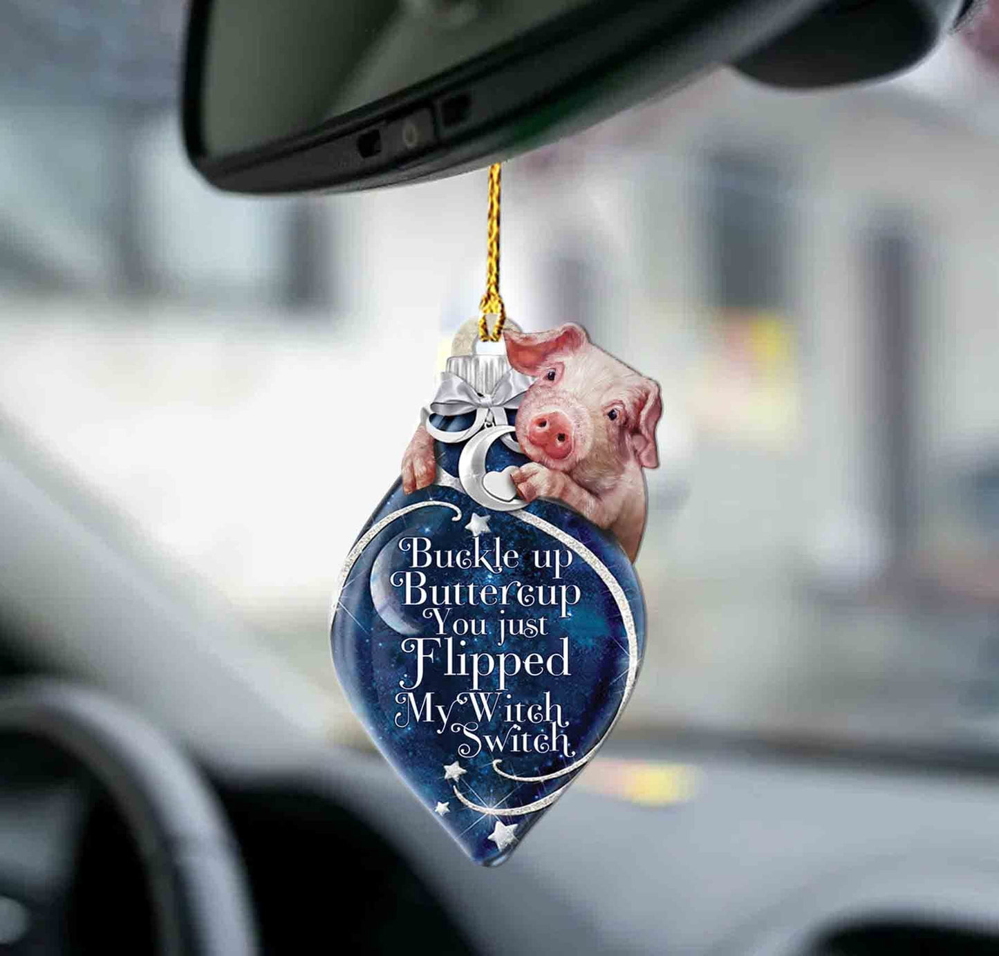 Pig buckle up two sided ornament