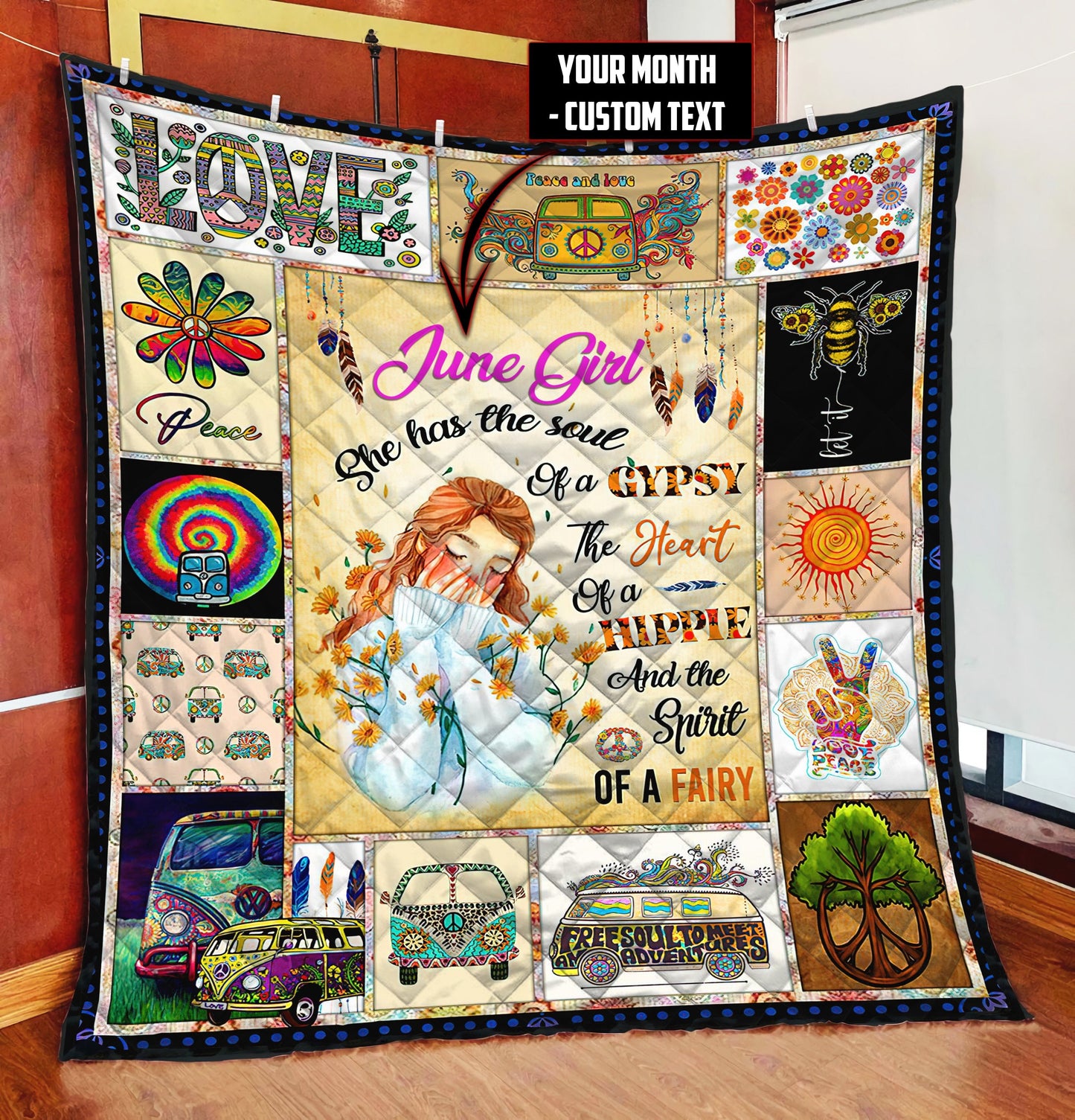 Customize Name Hippie Quilt Blanket