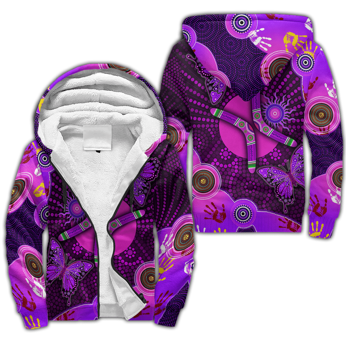 Aboriginal Naidoc Week 2021 Purple Butterflies Fleece Zip-Up Hoodie