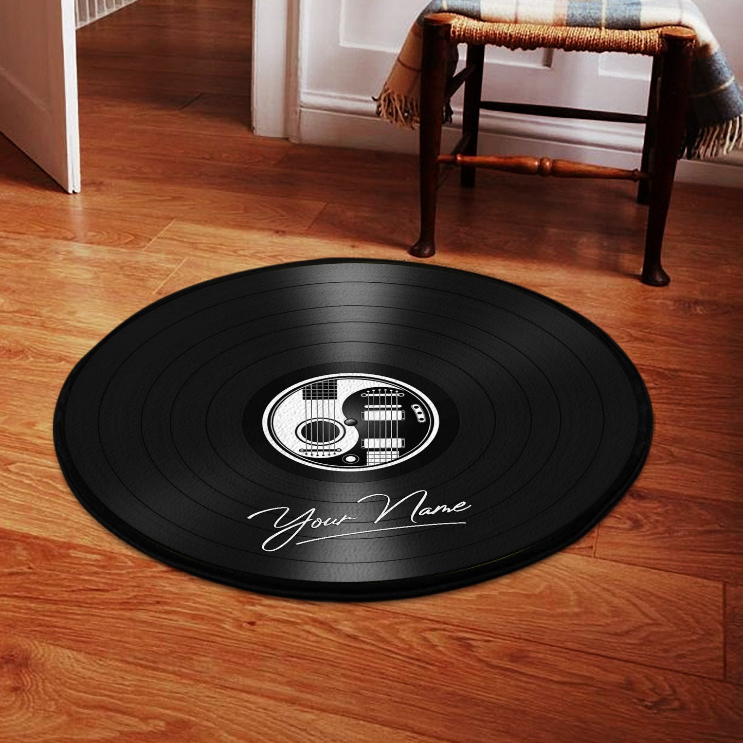Personalized Name White and Black Yin Yang Guitars Vinyl Records Round Rug