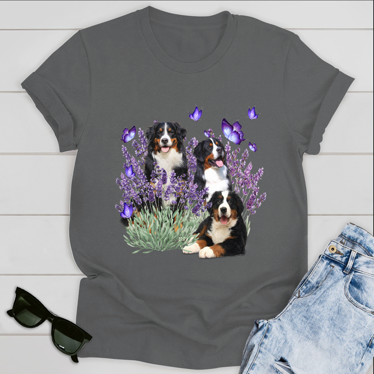 Dog T-shirt Bernese Mountain Dog And Flowers