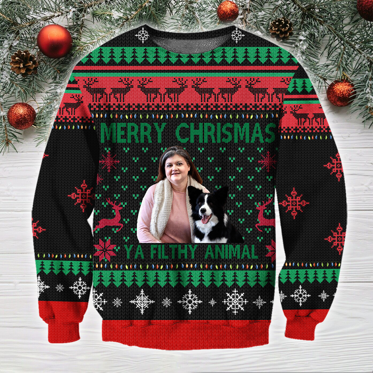 Merry Christmas Ya Filthy Animal Customized Photo 3D All Over Print Ugly Sweater Hoodie Christmas Gifts