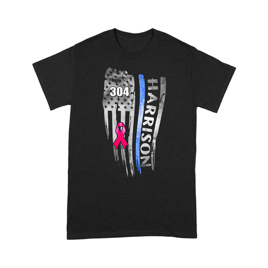 Breast Cancer Pink Ribbon Distressed Thin Blue Line Flag Personalized Police Shirt
