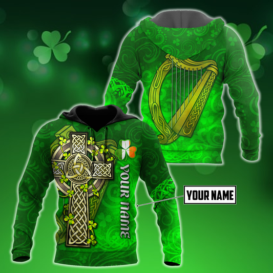 Premium Unisex Hoodie Custom Name Irish St.Patrick Celtic Cross And The Irish Harp ML