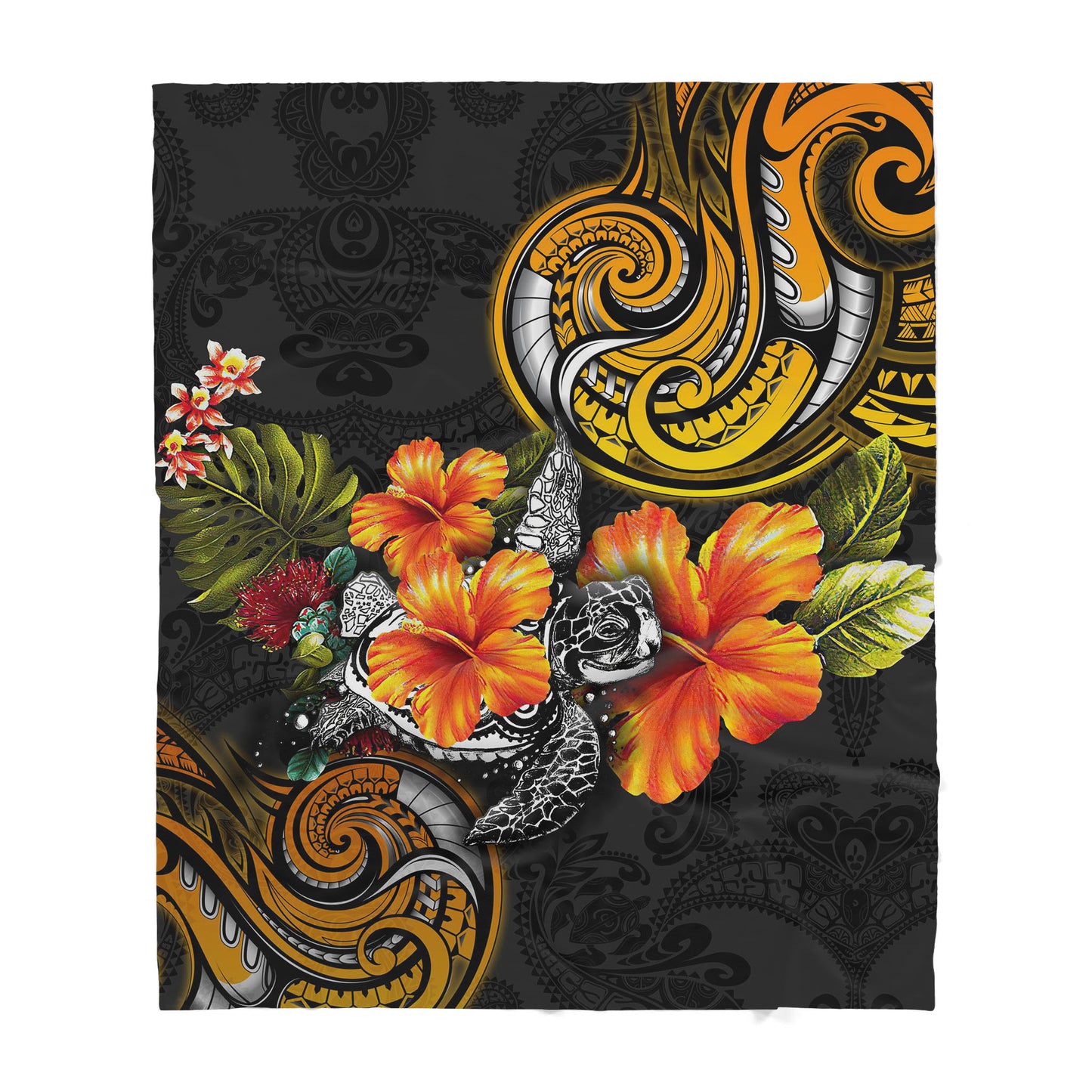 Polynesian Turtle Hibiscus Flower Sherpa Blanket ML