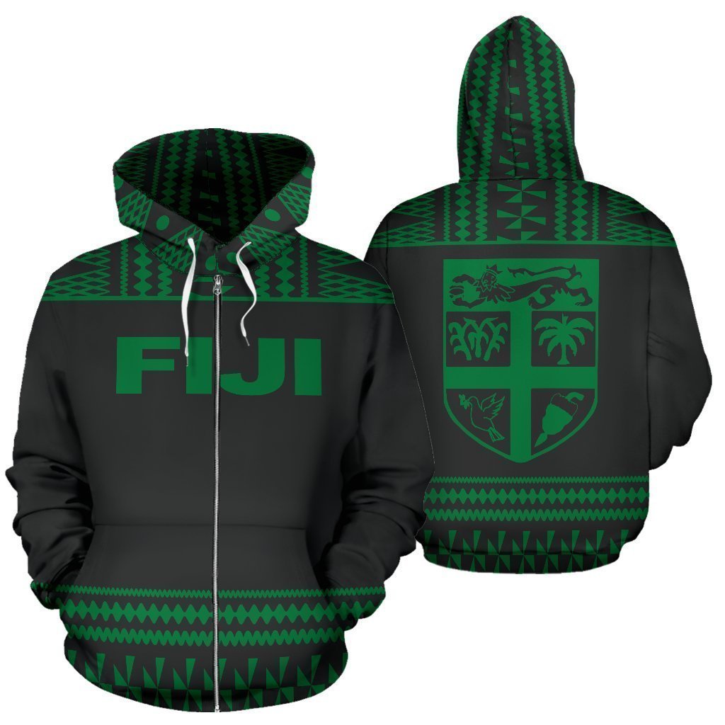 Fiji Tapa All Over Zip-Up Hoodie - Green And Black Version - BN09 - Amaze Style™-Apparel