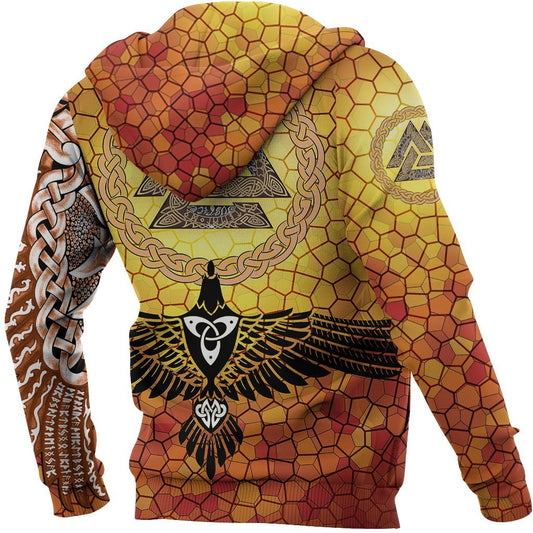 Hoodie Viking Raven Of Odin And Drakkar On Fire On Vignette Gold Valknut