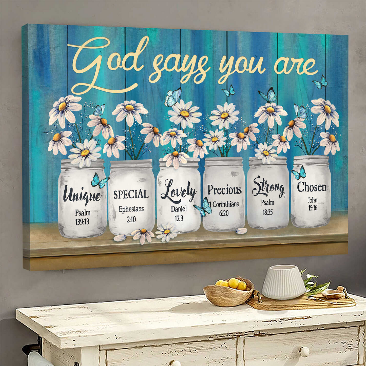 Daisy jar on blue background God says you are Jesus Landscape Canvas Print Wall Art