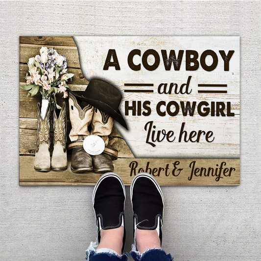 A Cowboy And His Cowgirl Live Here Personalized Doormat Welcome Mat, Best Gift For Home Decoration