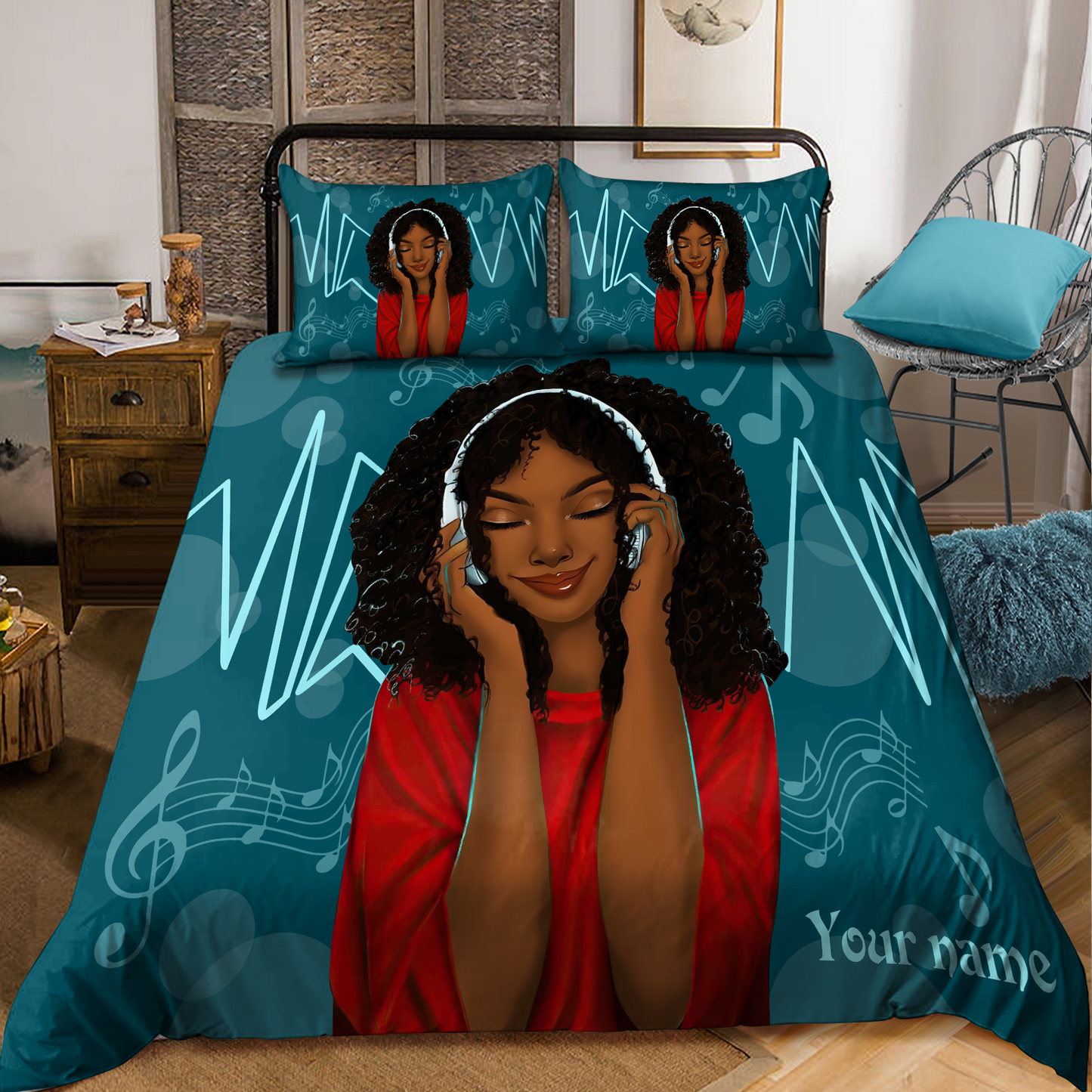 Music Black Girl Custom Name Duvet Cover Set Bedding Set