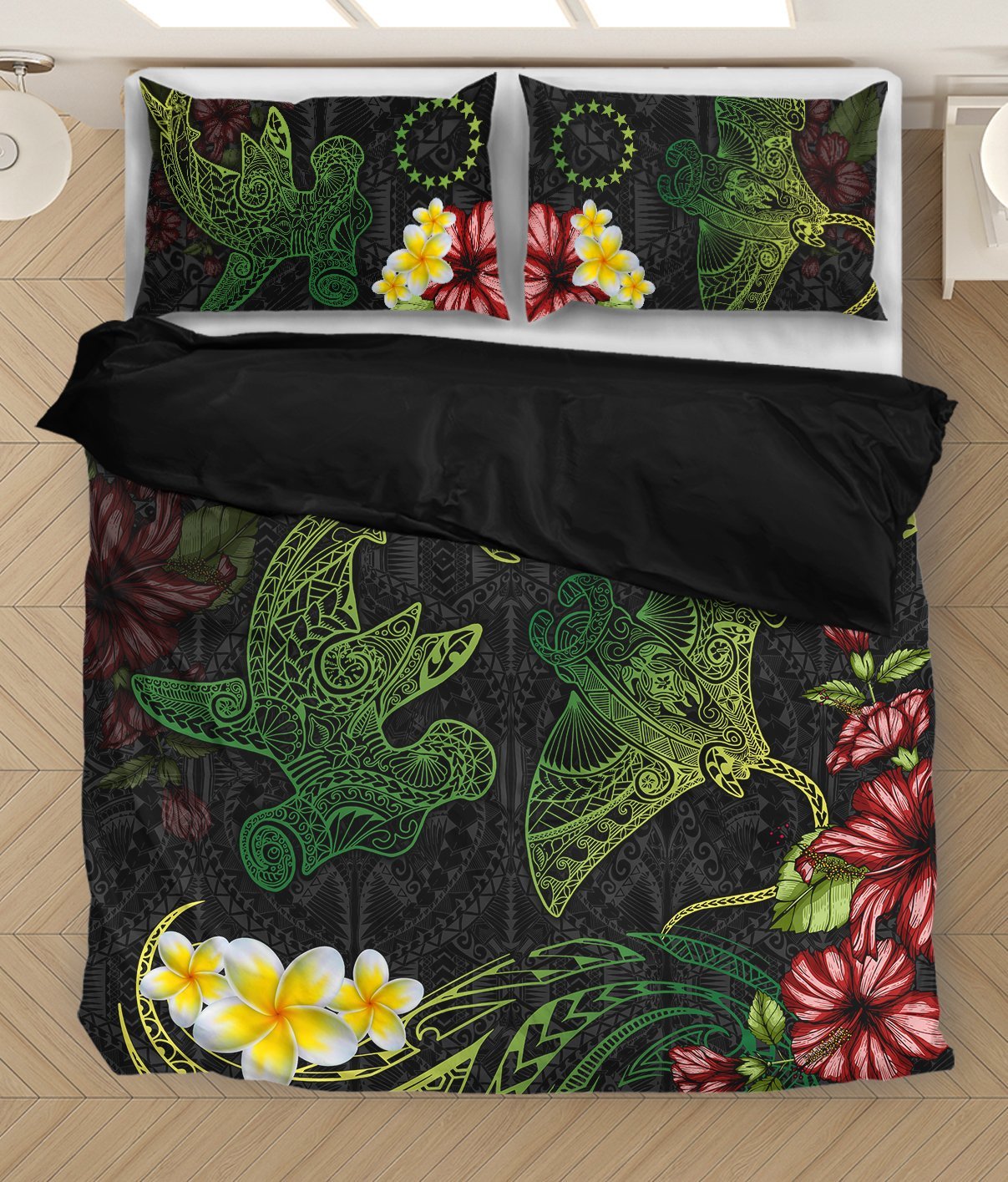 Cook Islands Bedding Set Beautiful Rays Shark Tipani Hibiscus