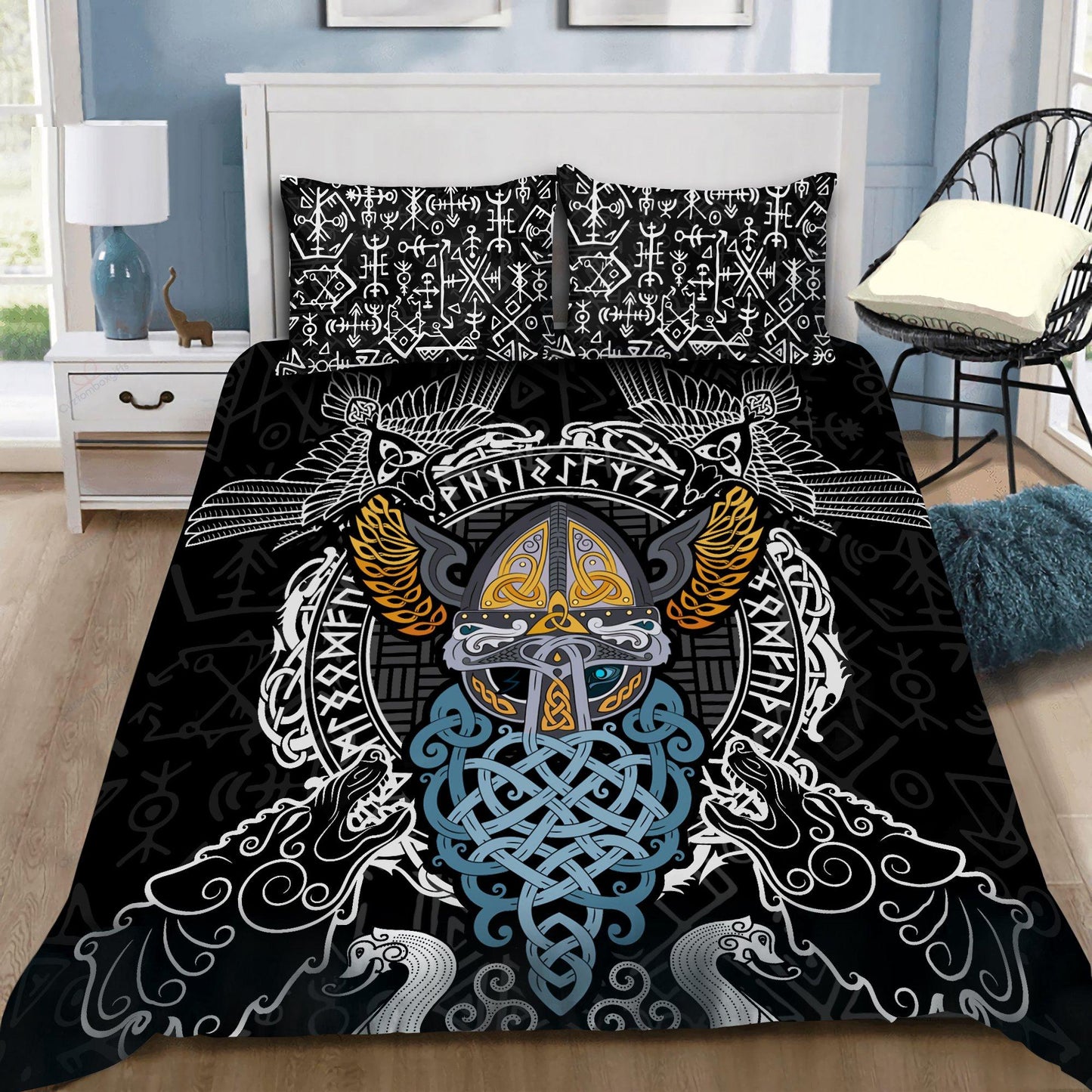 Viking Bedding Set - Odin Helmet Valnut Helm Of Awe Odin