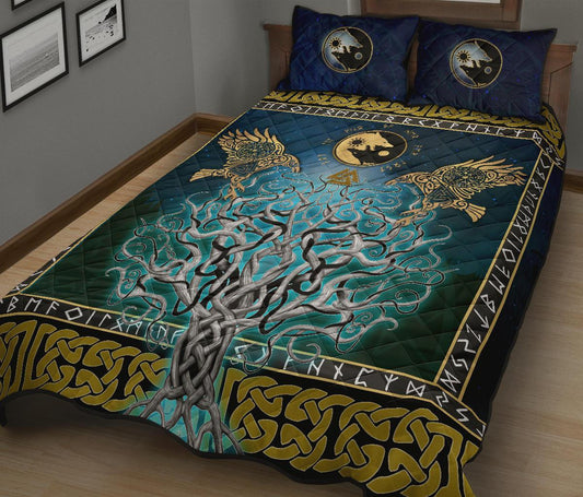 Viking Quilt Bed Set, Tree Of Life Fenrir Skoll And Hati Raven Rune