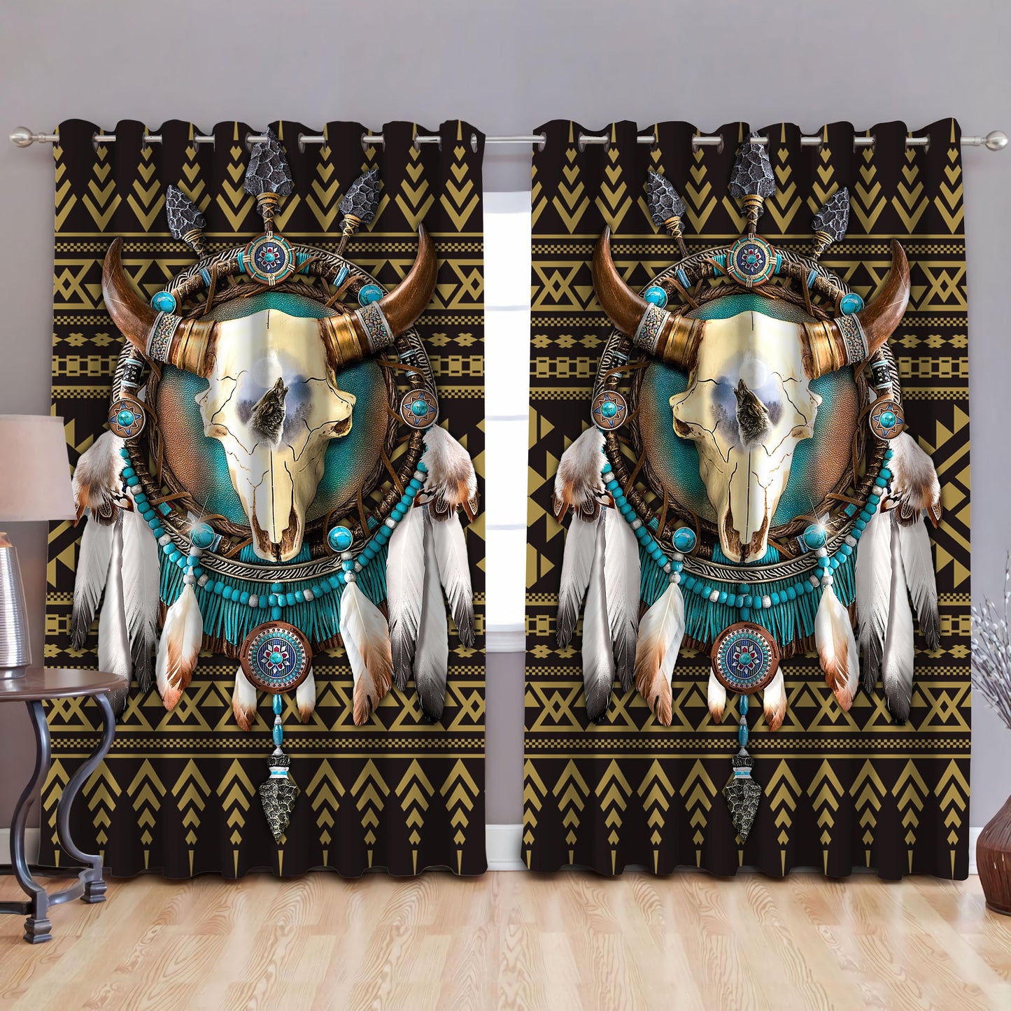 Native American Bull Skull And Dreamcatcher Window Curtains HAC240804-MEI