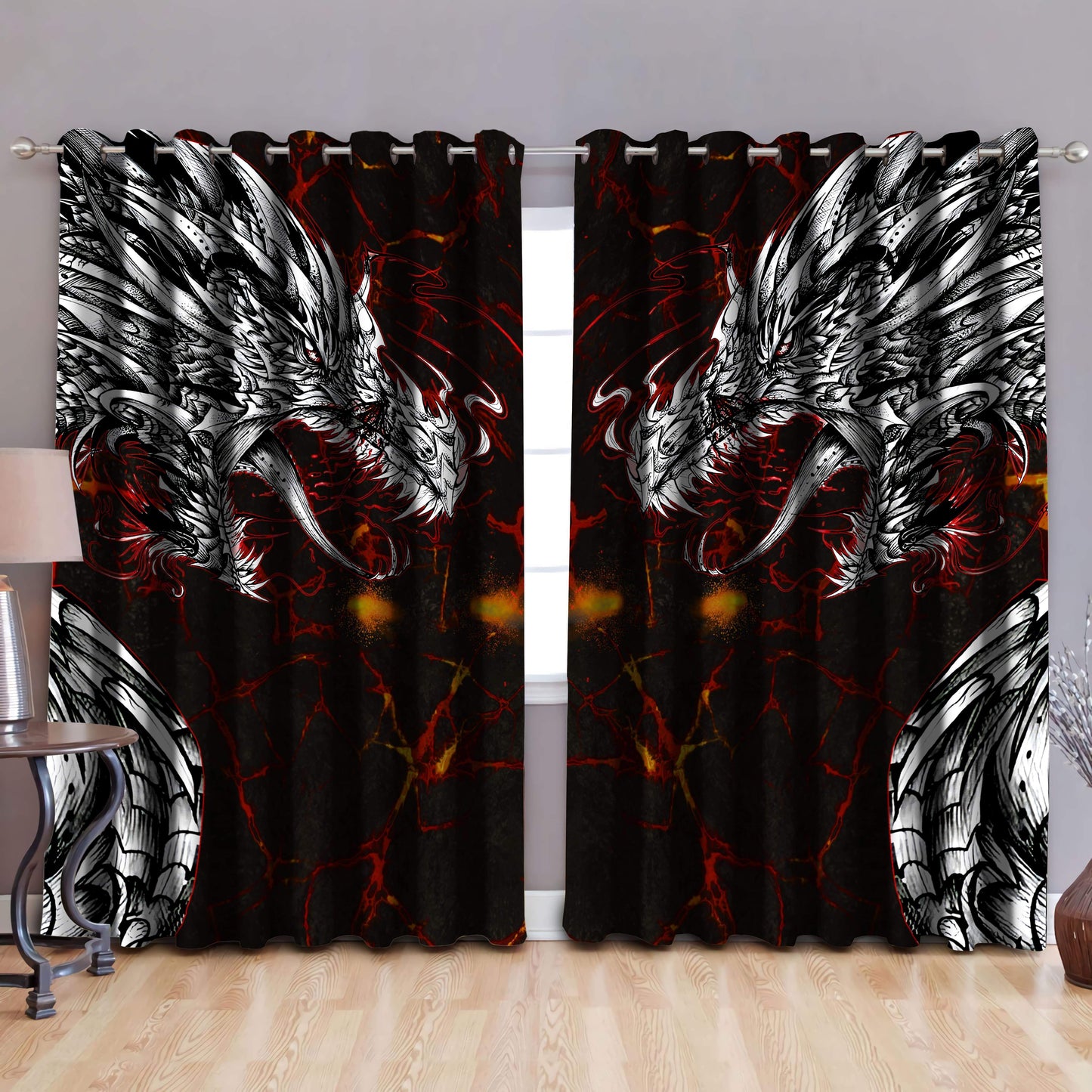 Dragon Lava Art 3D Over Printed Window Curtain Set-ML