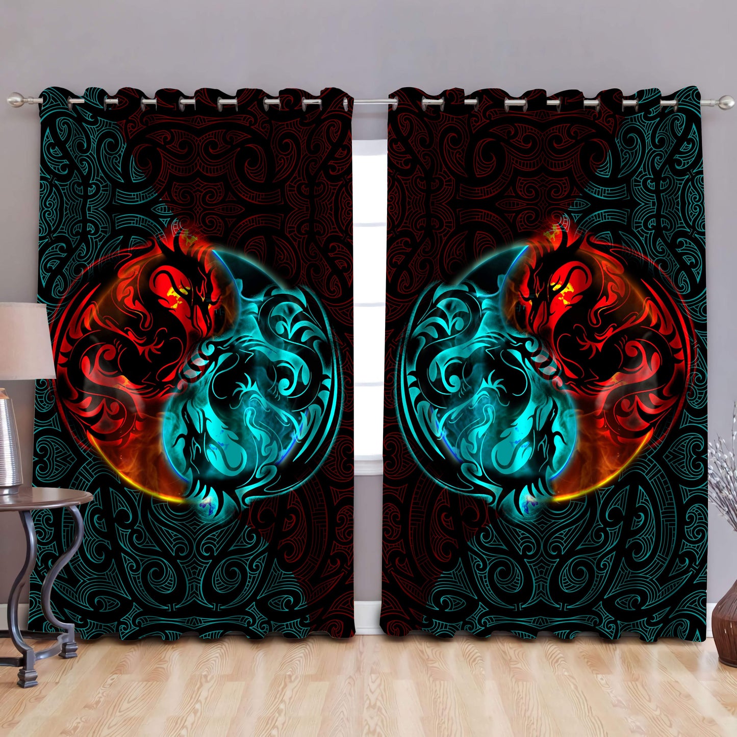 Dragon Yin&Yang Art 3D Over Printed Window Curtain Set-ML